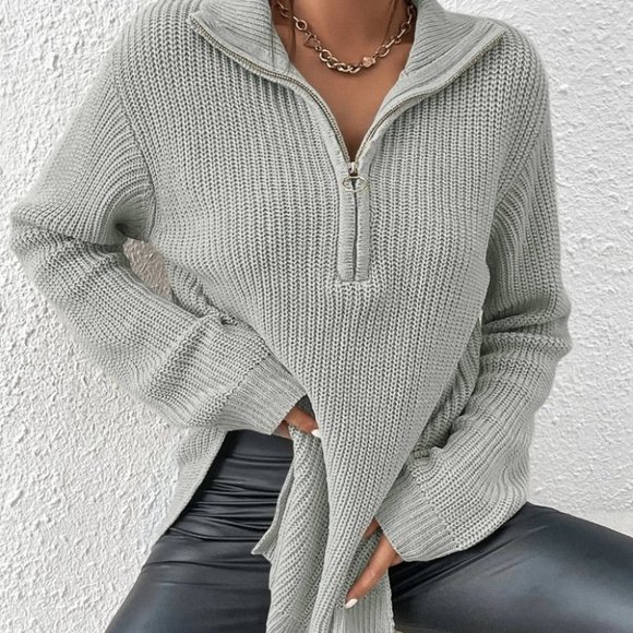 Casual zipper detailed Split Hem Sweater gray - Picture 4 of 5